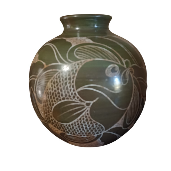 None Other - Redware Turtle Round Vase Green Etched Leaves Fish 6" Tall